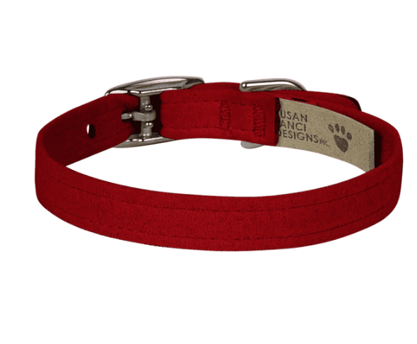 Red pet collar made of durable fabric with metal buckle and adjustable strap, perfect for stylish and comfortable dog accessories.